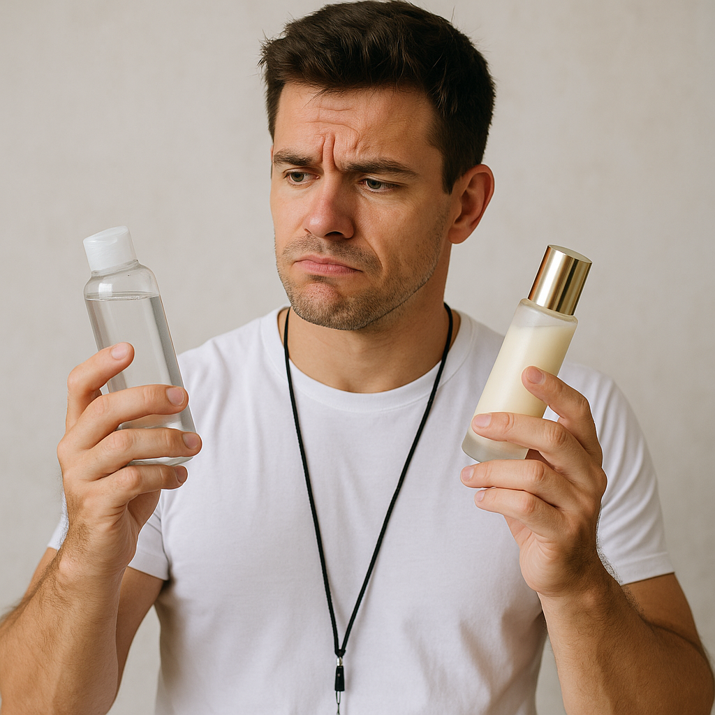 プチプラと高級スキンケアを前に悩む体育教師のイメージ