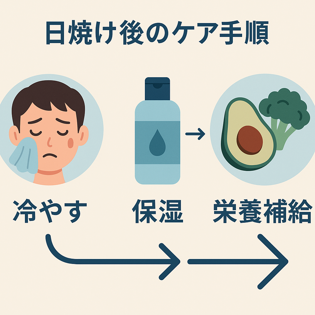 日焼け後のケア手順（冷やす→保湿→栄養補給）