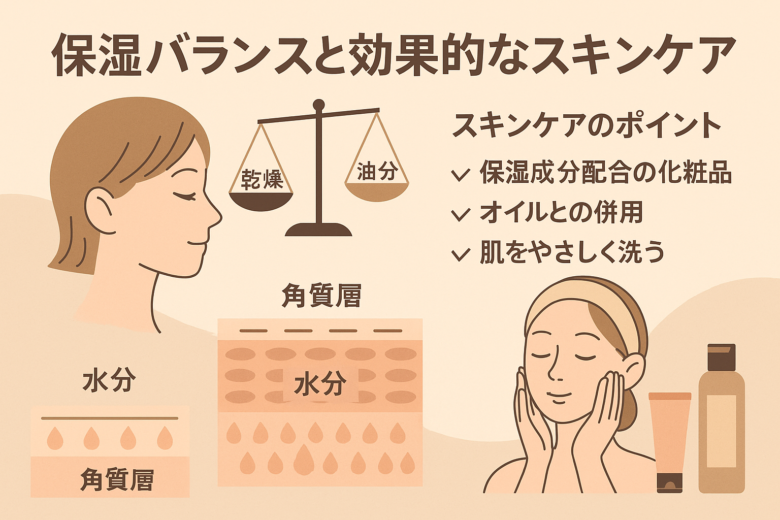 日焼け後のアフターケア手順（冷やす→アロエジェル→保湿クリームの流れを示す図、文字なし）