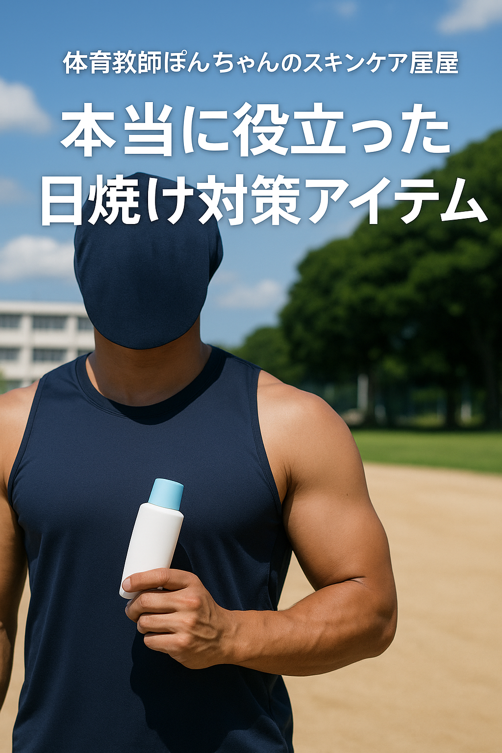 夏のグラウンドで日焼け止めを手にする体育教師（顔は映さない）